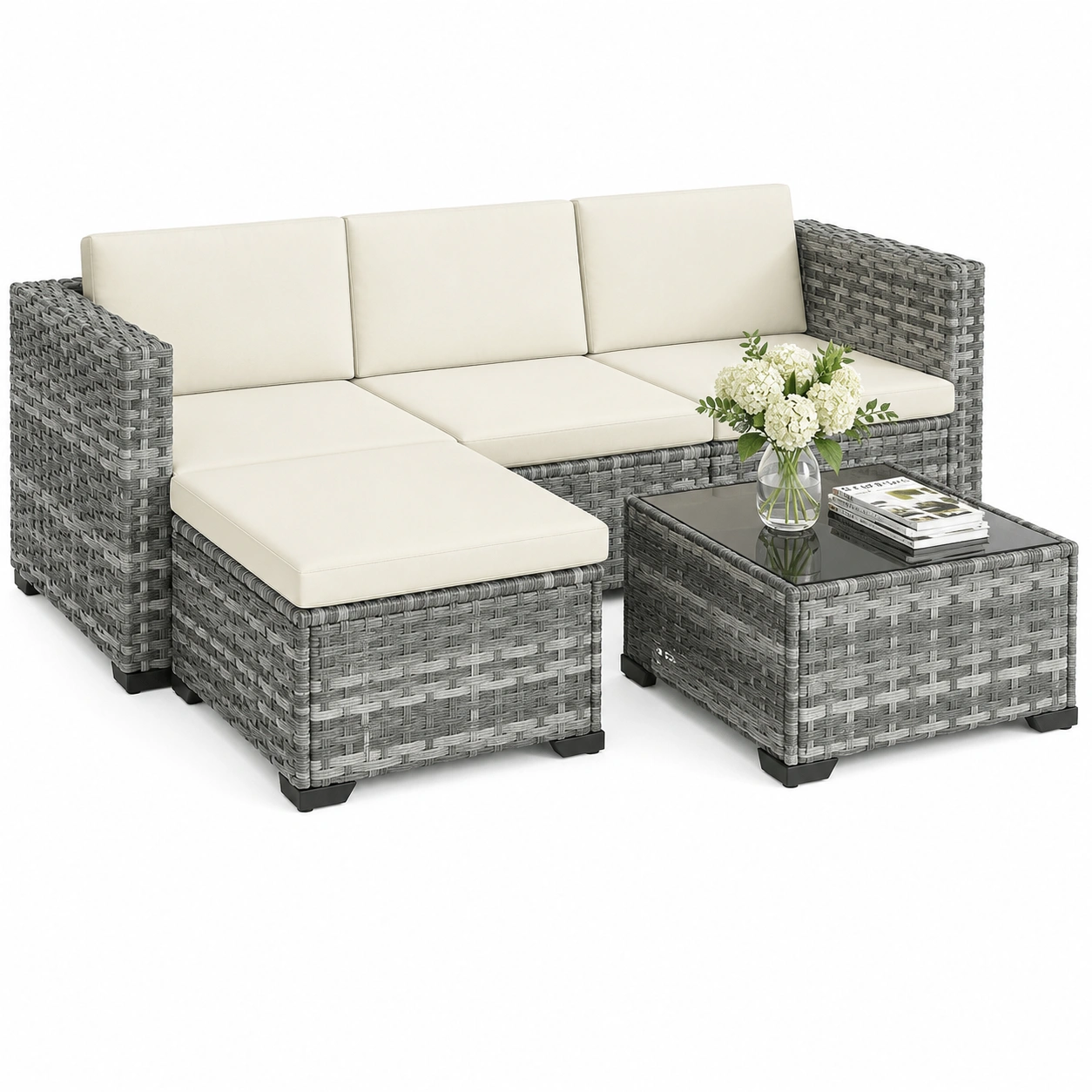 5-teiliges Polyrattan Gartenmobel Set mit Ecksofa, Hocker und Tisch fur 4 onen, ilusive Sitz- und Ruckeissen, Outdoor Lounge in Grau und Crweiss-HomveraLiving