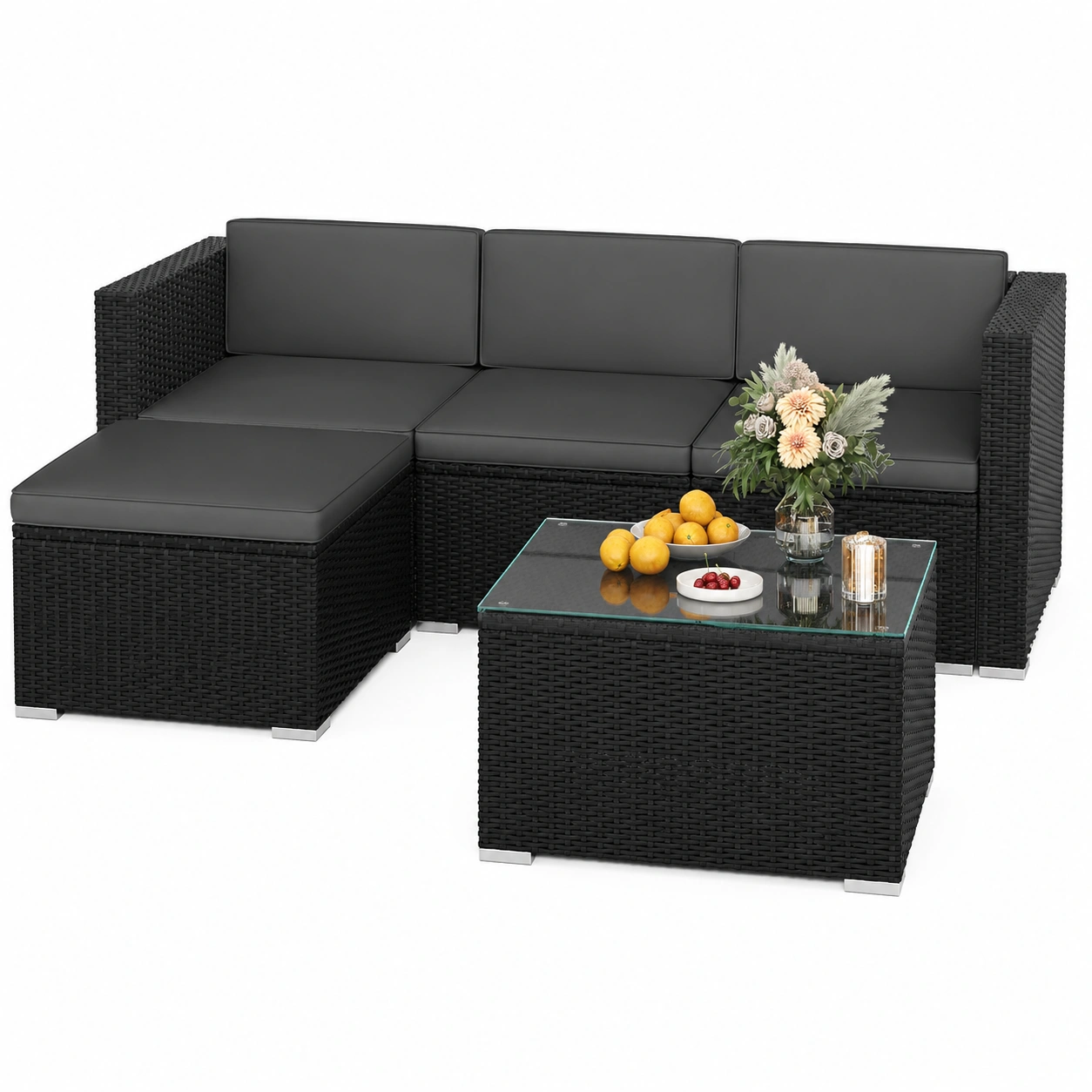 Modernes 5-teiliges Gartenmobel-Set aus wetterfestem PE-Rattan, il. Sofas, Stuhl und Tisch-HomveraLiving