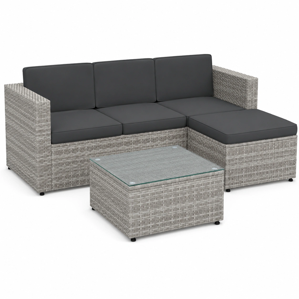 Rattan Gartenmobel Set, Outdoor Lounge-Ecksofa mit Kissen und Glastisch, Graues Terrassenmobel fur Bon-HomveraLiving