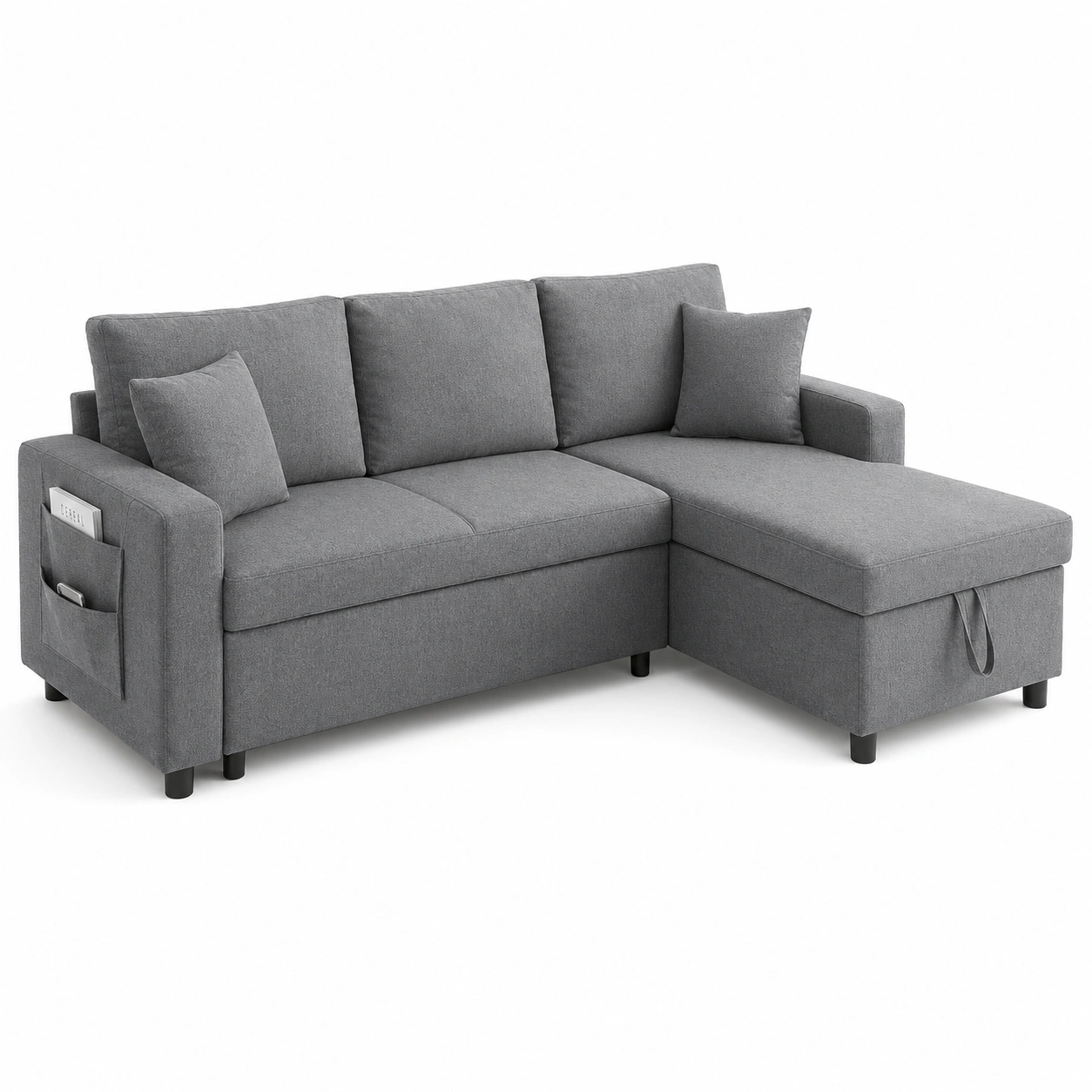 L-Form Schlafsofa mit Bettkasten und Seitentaschen, Modernes Ecksofa mit Stauraum, Duelgraue 3-Sitzer-Couch fur Wohnzimmer-HomveraLiving