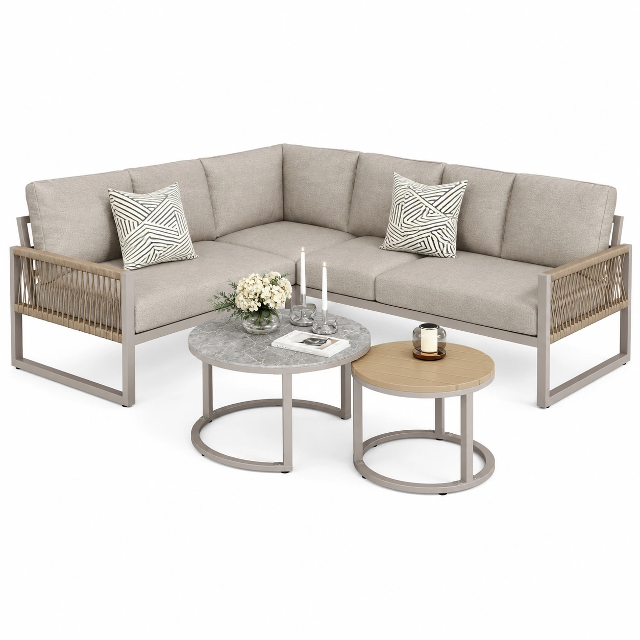 Modulares Garten-Lounge-Set fur 6-7 onen mit Ecksofa und Kissen, wetterfest, Grau/Beige-HomveraLiving