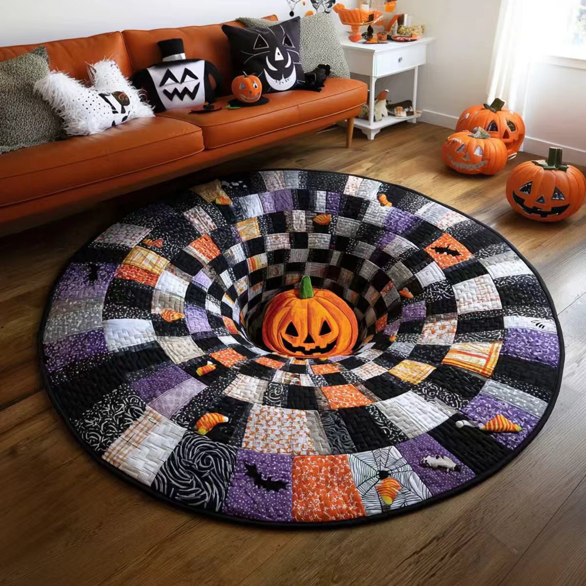 3D Skeleton Vortex Quilted Round Halloween Rug