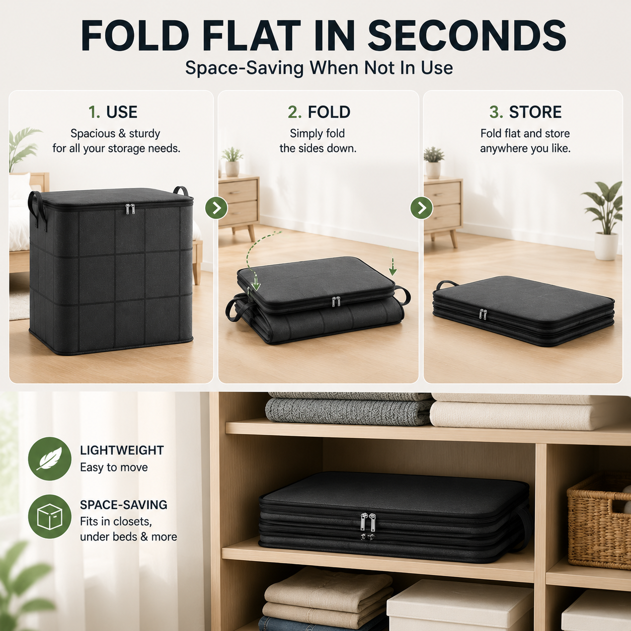 wide opening zippered storage bag for easy packing