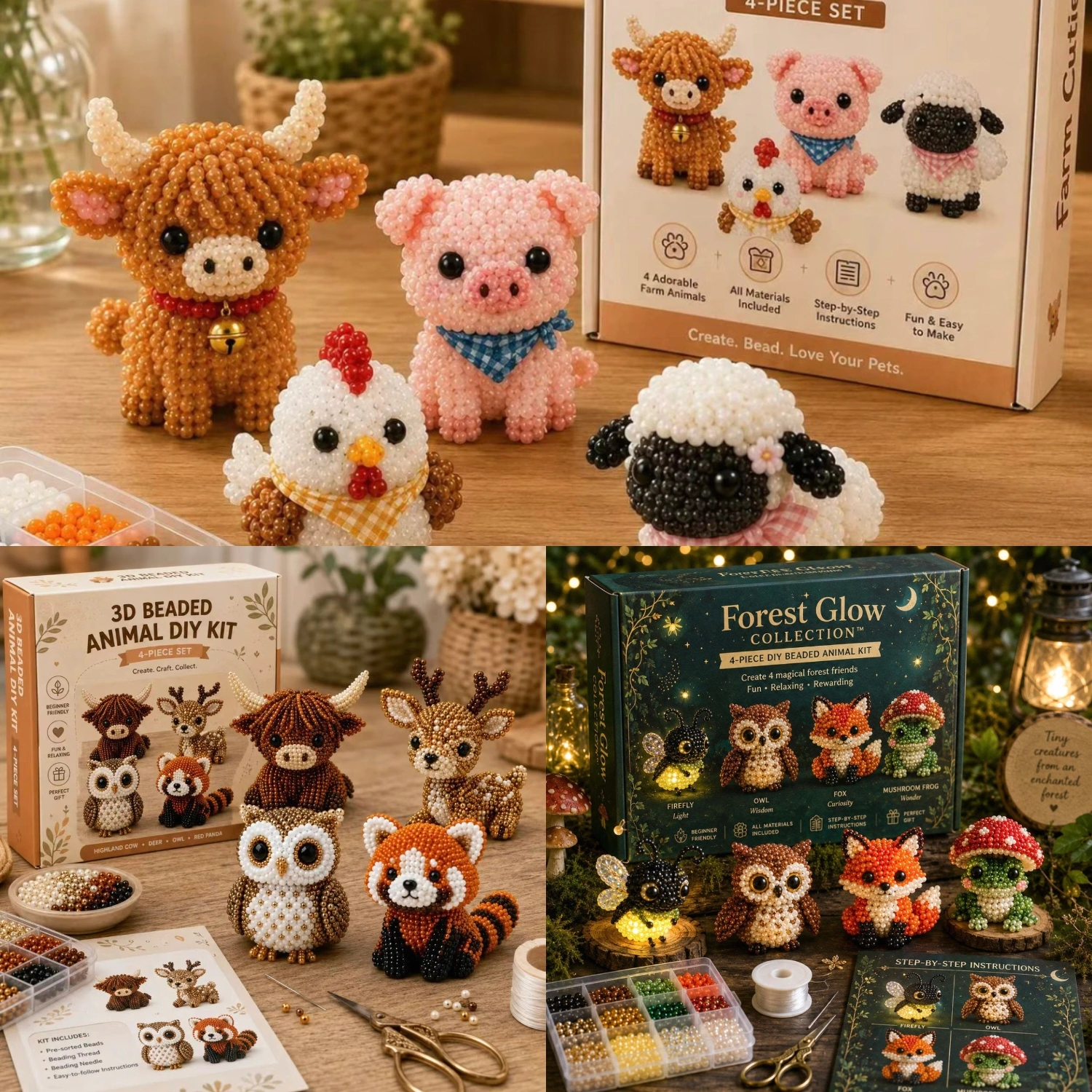 🎁 Create 4 Adorable 3D Beaded Animals Together – Fun for Kids, Families & Craft Lovers ✨
