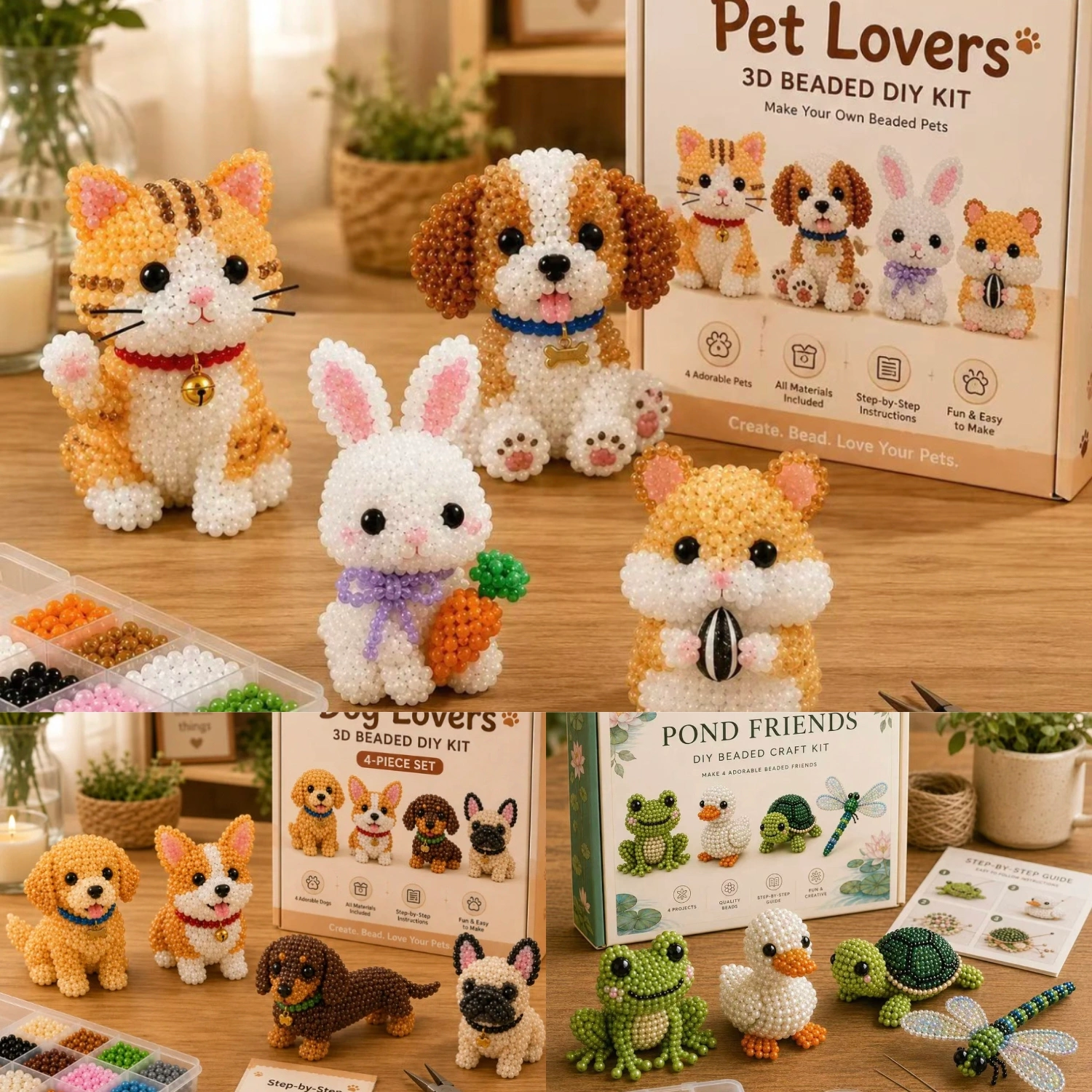 🎁 Create 4 Adorable 3D Beaded Animals Together – Fun for Kids, Families & Craft Lovers ✨