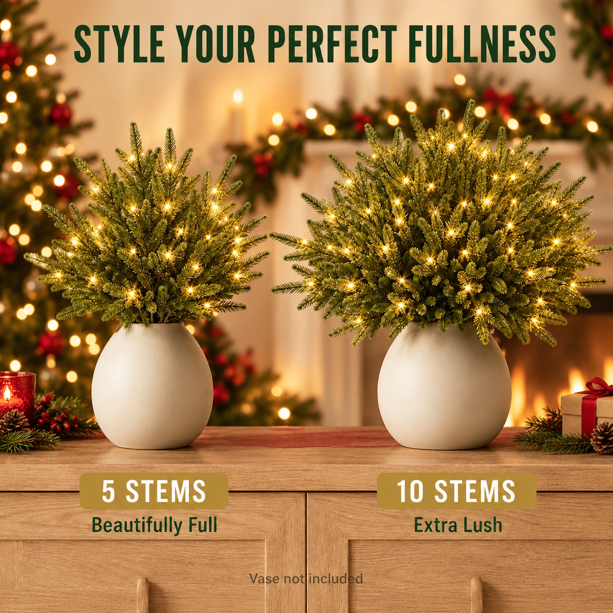 🎄🎁 Glowing Evergreen Pine Branches with Warm Lights – 5/10 Branches for Christmas Decor ✨✨