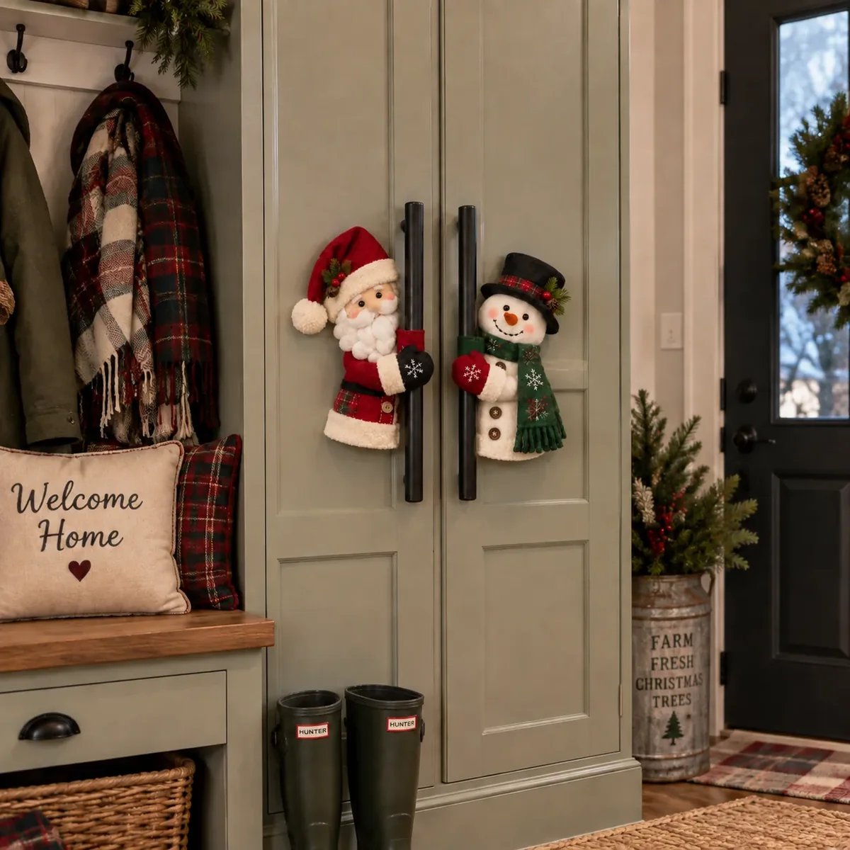 Cozy Christmas home with Santa and Snowman handle decorations