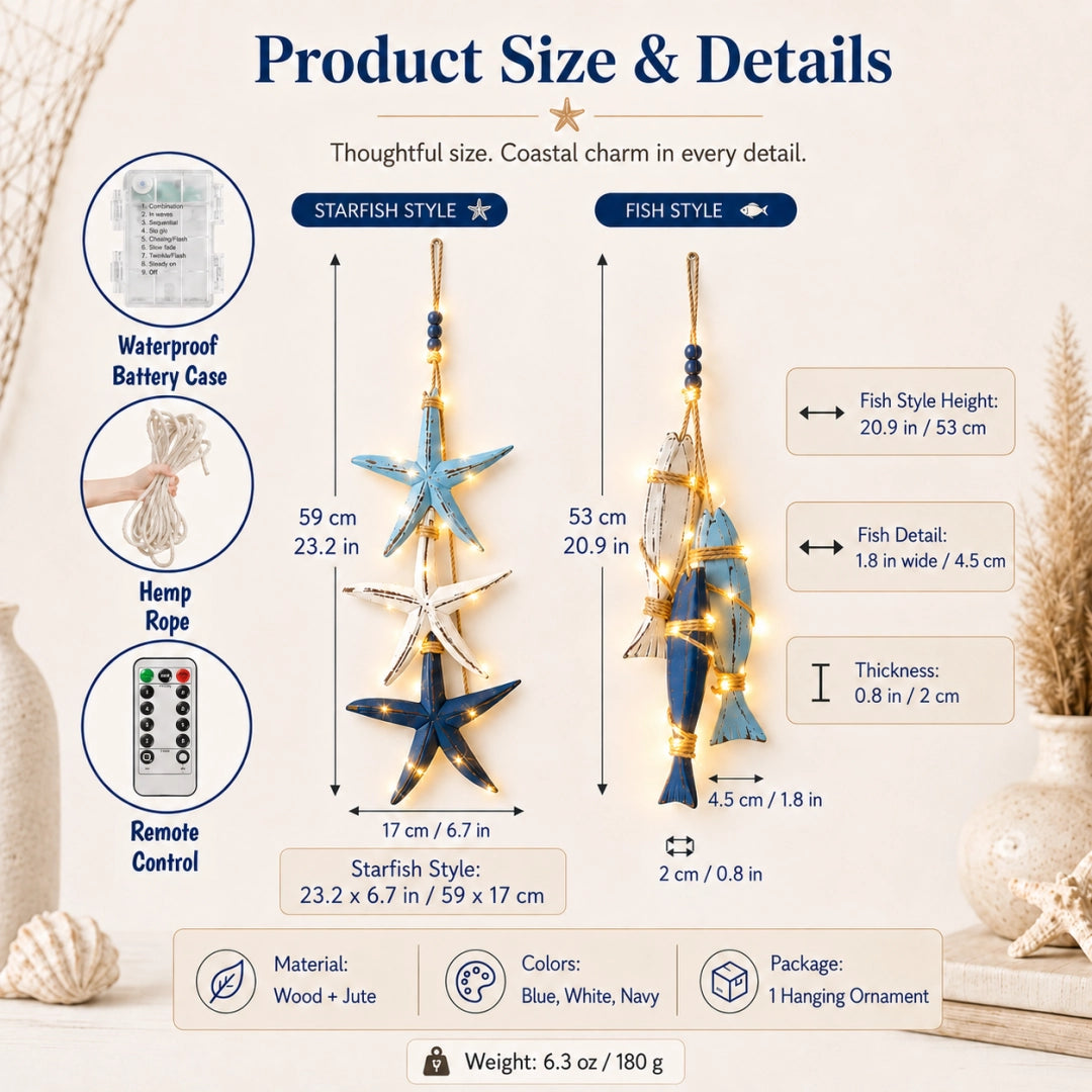 Coastal Wooden Hanging Ornament – LED Light & Non-Light Ocean Décor