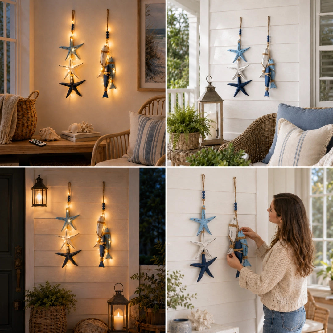 Coastal Wooden Hanging Ornament – LED Light & Non-Light Ocean Décor
