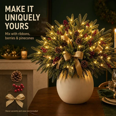 🎄🎁 Glowing Evergreen Pine Branches with Warm Lights – 5/10 Branches for Christmas Decor ✨✨
