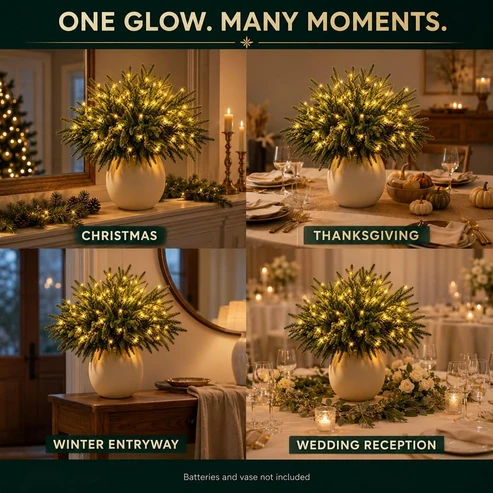 🎄🎁 Glowing Evergreen Pine Branches with Warm Lights – 5/10 Branches for Christmas Decor ✨✨