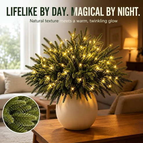 🎄🎁 Glowing Evergreen Pine Branches with Warm Lights – 5/10 Branches for Christmas Decor ✨✨