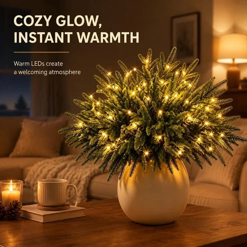 🎄🎁 Glowing Evergreen Pine Branches with Warm Lights – 5/10 Branches for Christmas Decor ✨✨