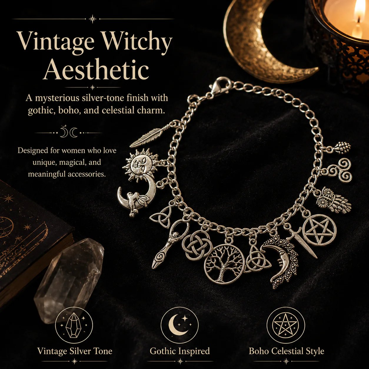 🌙 Vintage Celestial Charm Bracelet | Gothic Boho Inspired Jewelry
