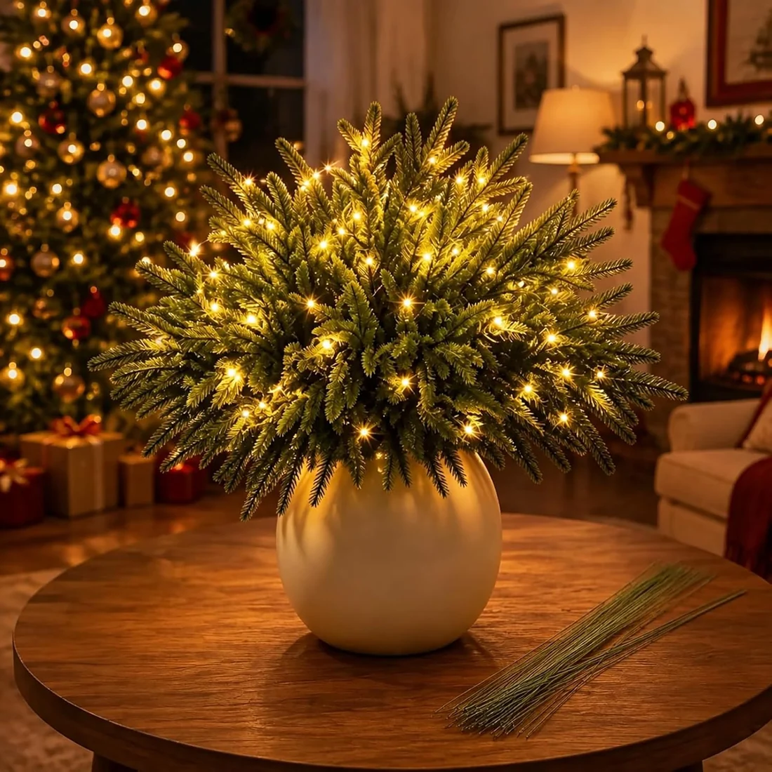🎄🎁 Glowing Evergreen Pine Branches with Warm Lights – 5/10 Branches for Christmas Decor ✨✨