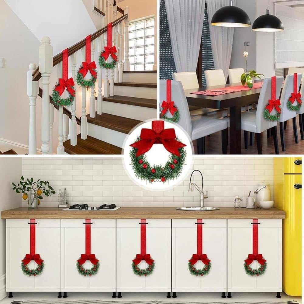 🎄Holiday Mini Window Wreaths with Ribbon Bows & Red Berries - Small Cabinet Hangers🎄