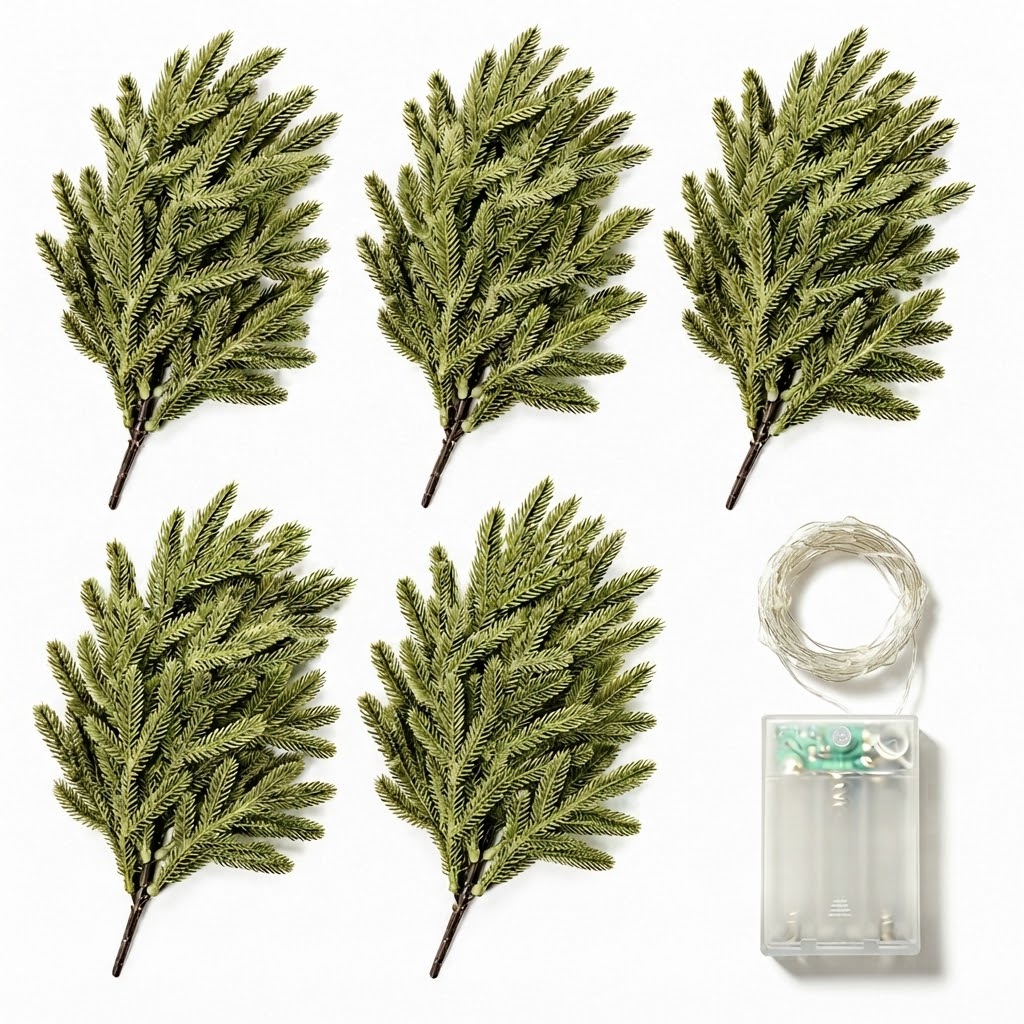 🎄🎁 Glowing Evergreen Pine Branches with Warm Lights – 5/10 Branches for Christmas Decor ✨✨
