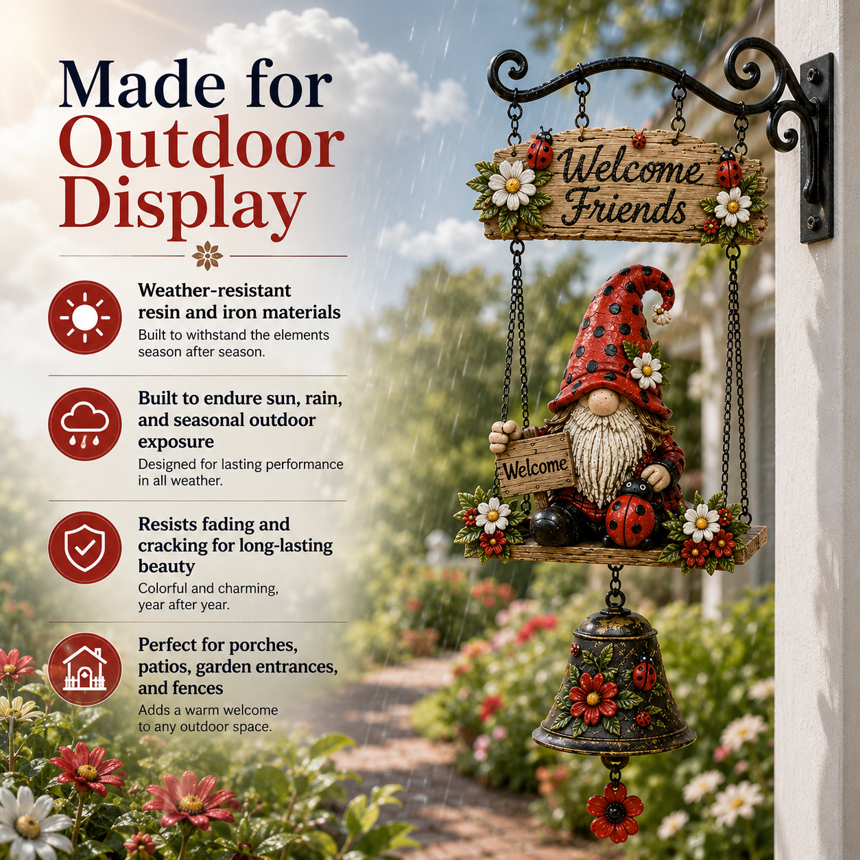 🐞 Rustic Garden Gnome Bell Hanging Decor for Porch & Garden