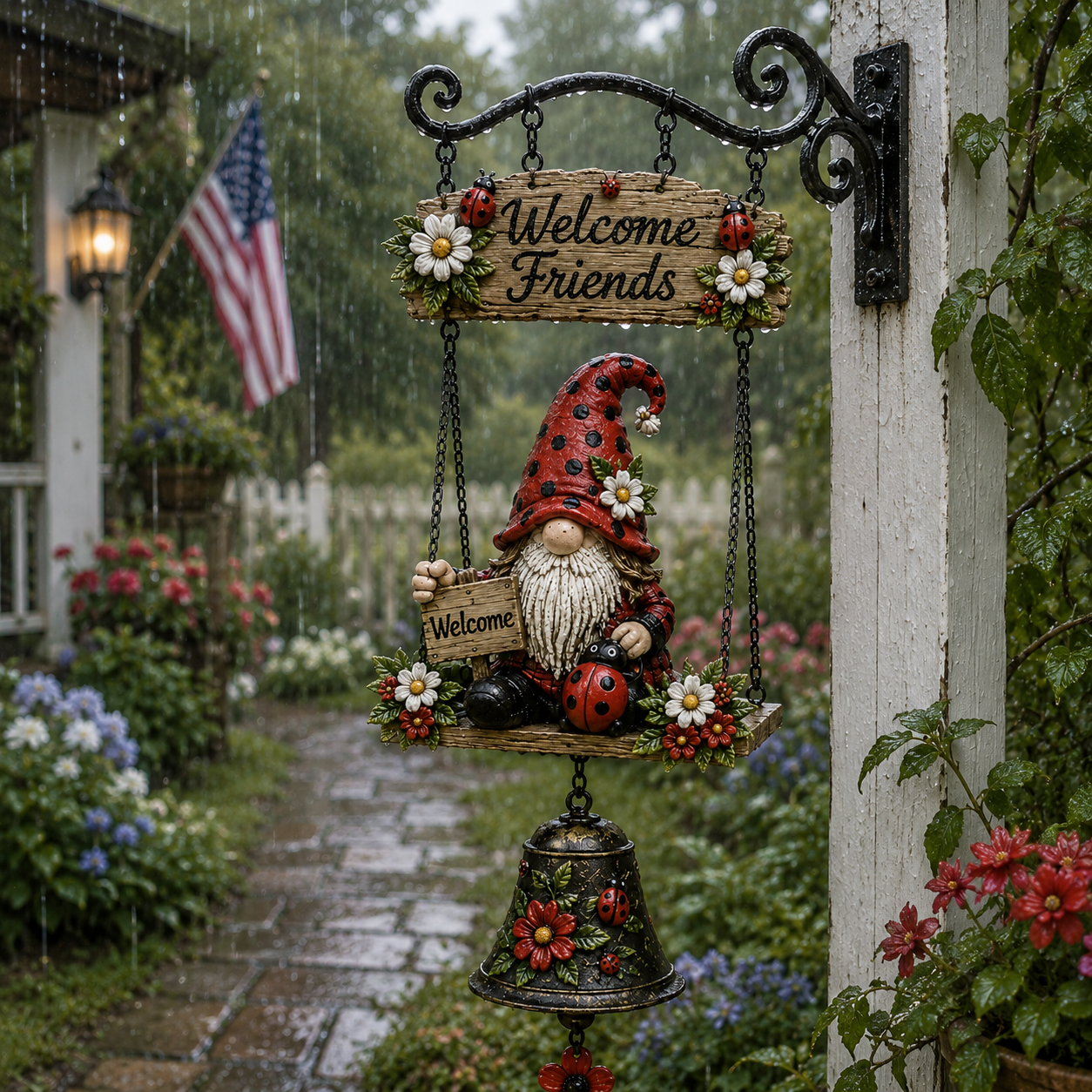 🐞 Rustic Garden Gnome Bell Hanging Decor for Porch & Garden