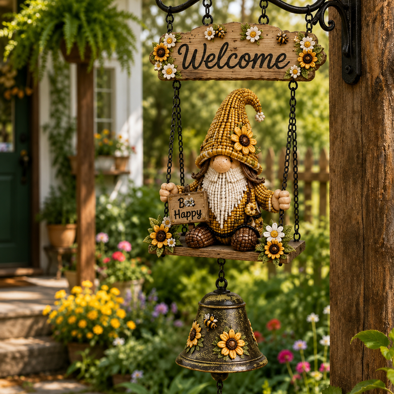 🐞 Rustic Garden Gnome Bell Hanging Decor for Porch & Garden