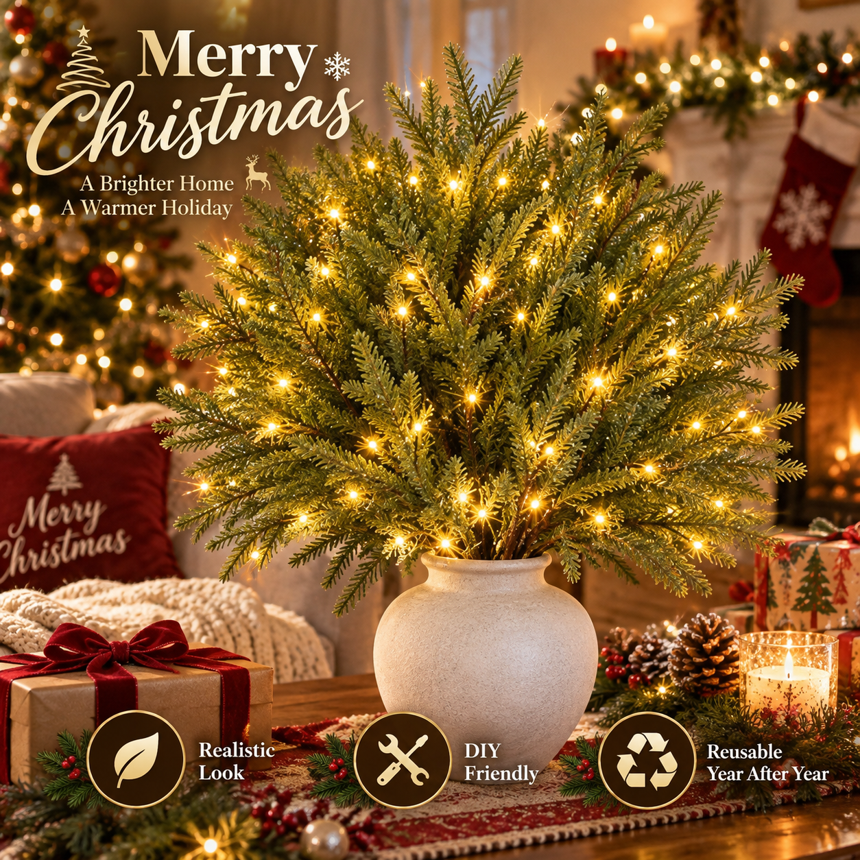 🎄🎁 Glowing Evergreen Pine Branches with Warm Lights – 5/10 Branches for Christmas Decor ✨✨