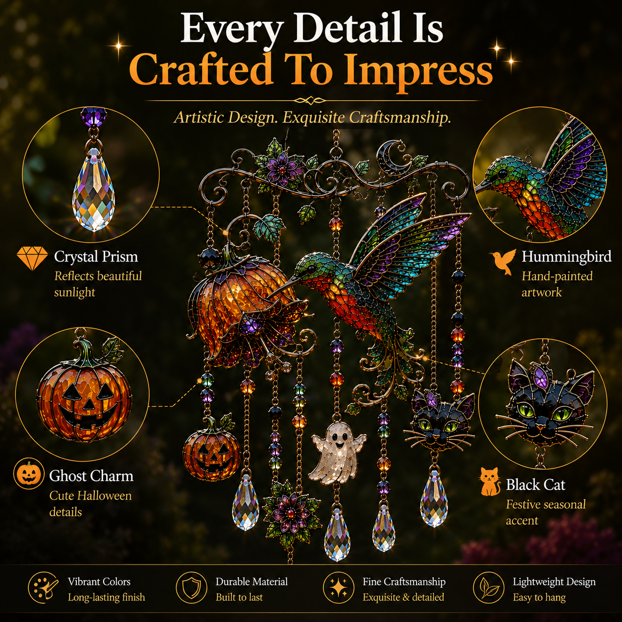 Detailed features of Halloween hummingbird hanging decoration