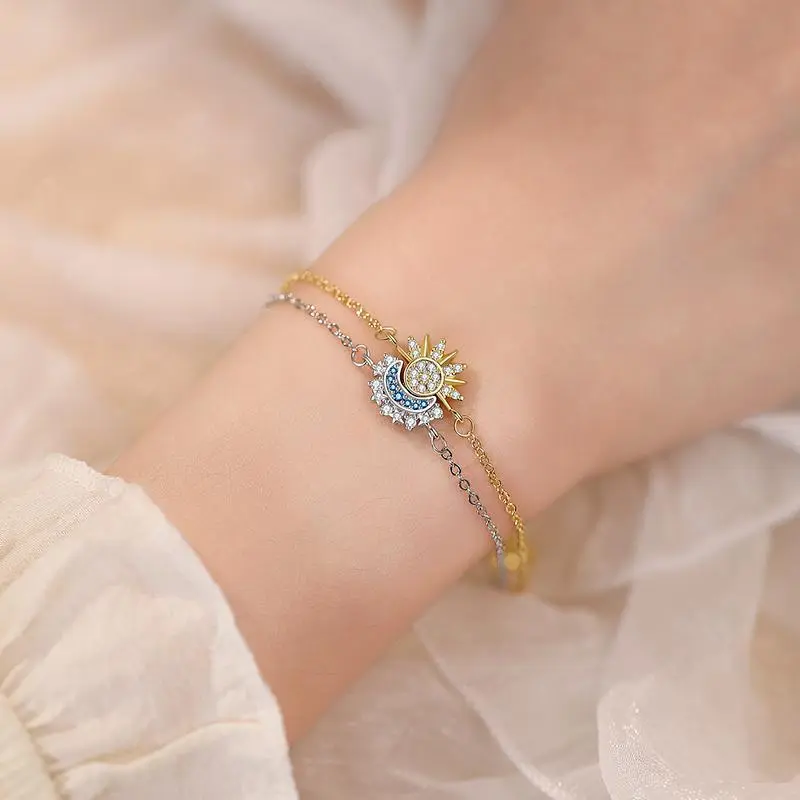 Stackable gold sun blue moon bracelet set everyday jewelry
