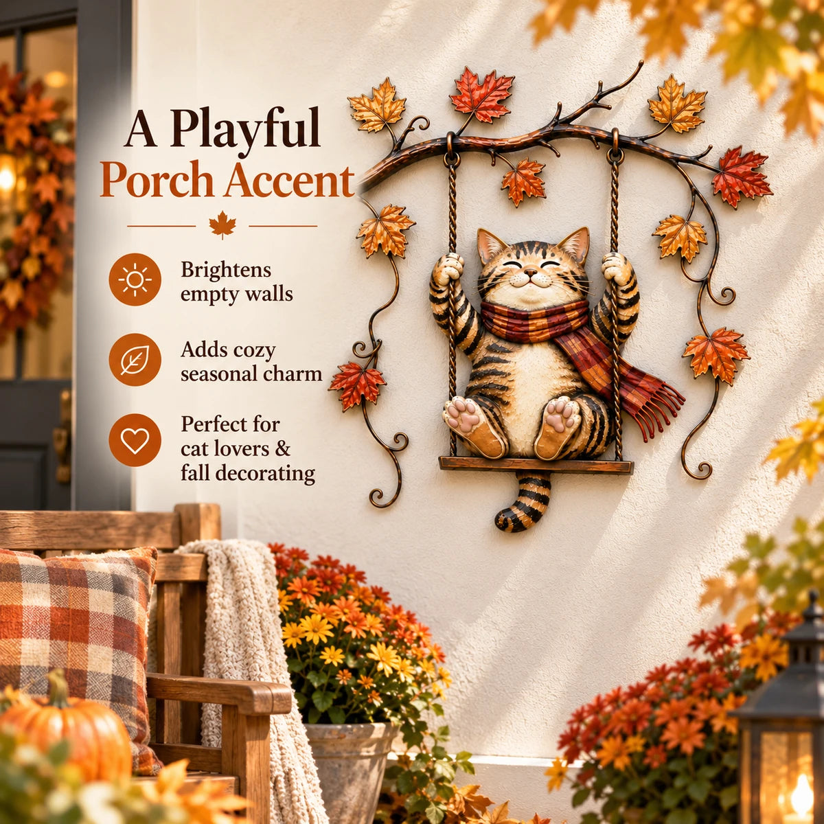 Autumn cat swing metal wall decor as a porch accent