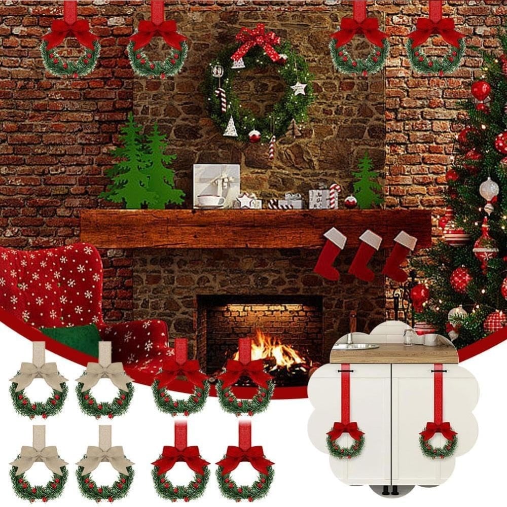 🎄Holiday Mini Window Wreaths with Ribbon Bows & Red Berries - Small Cabinet Hangers🎄