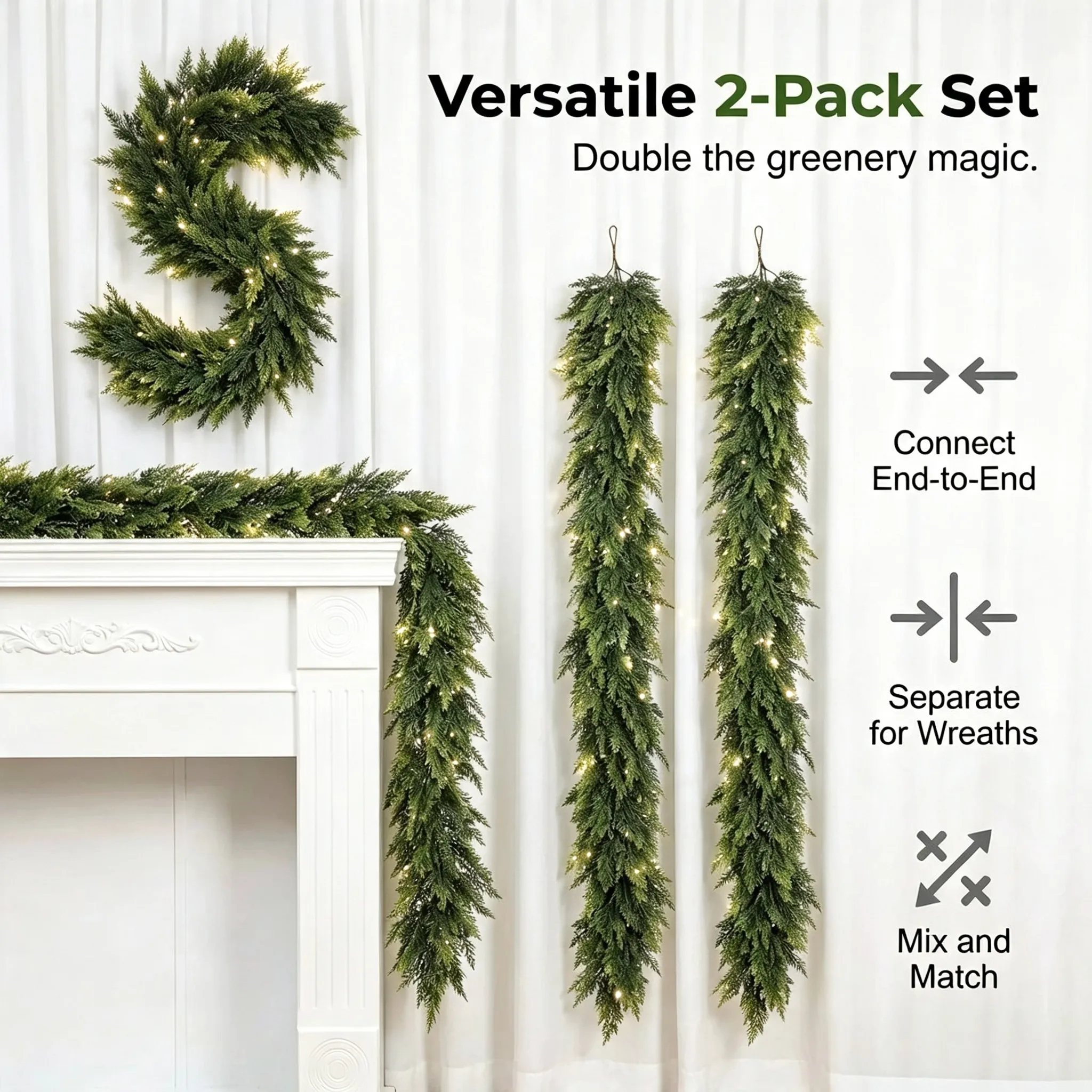 2-Pack 6ft Real Touch Artificial Cedar Garland with free LED string lights - image 8