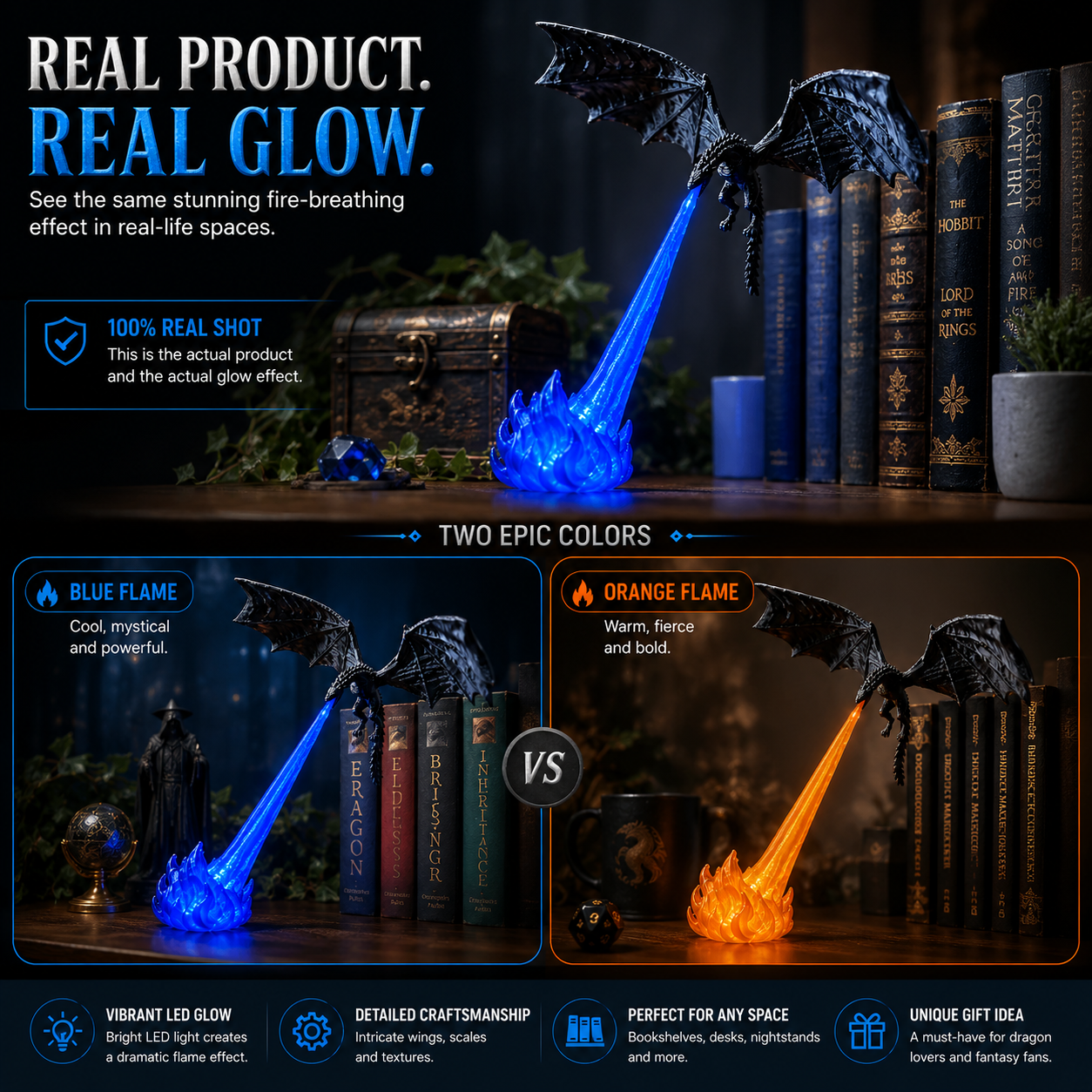 Fire-breathing dragon book nook light product image 2