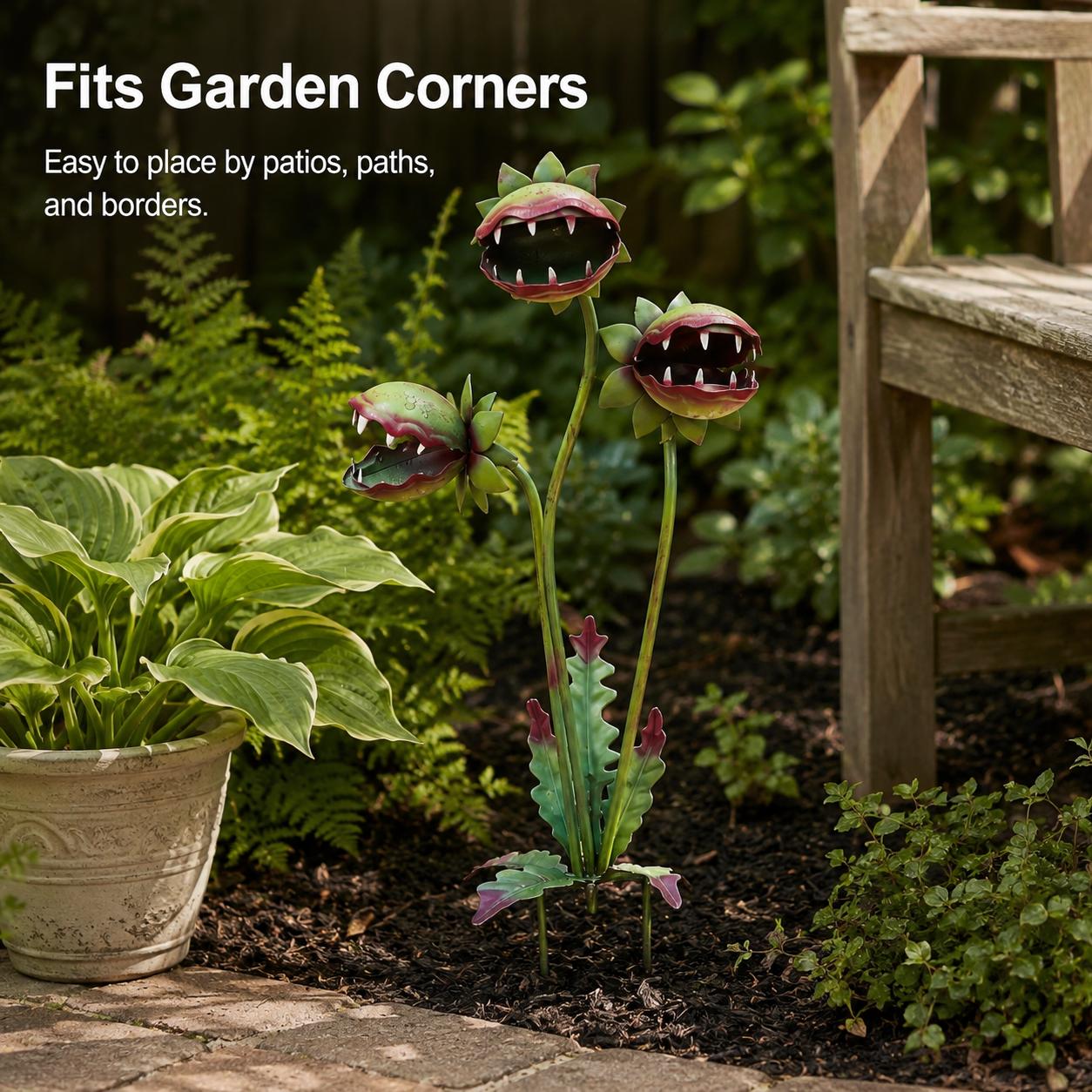 Nature-Inspired Realistic Metal Venus Flytrap Garden Decor Stake - Carnivorous Plant Statue Figurine, Outdoor Decor for Patio, Flower Bed, Decorative Stakes & Wind Spinners, Garden Statues & Sculptures, Garden Supplies, Statue Decorations