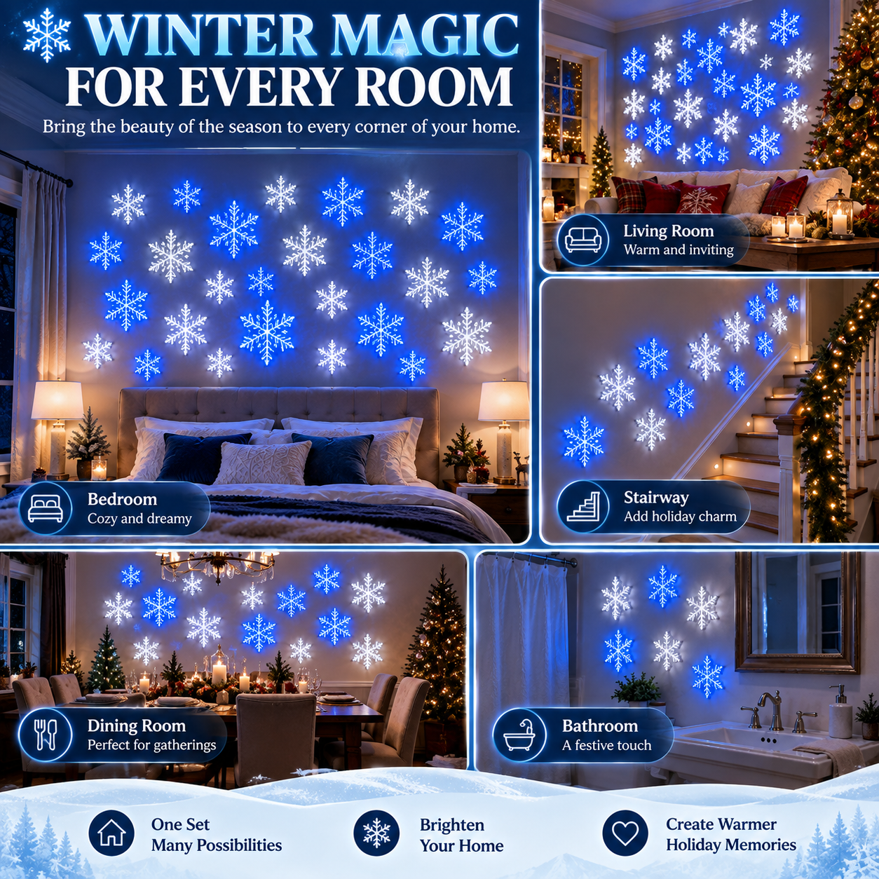 💙 Blue & White LED Snowflake Lights – Winter Wonderland Christmas Wall Decor