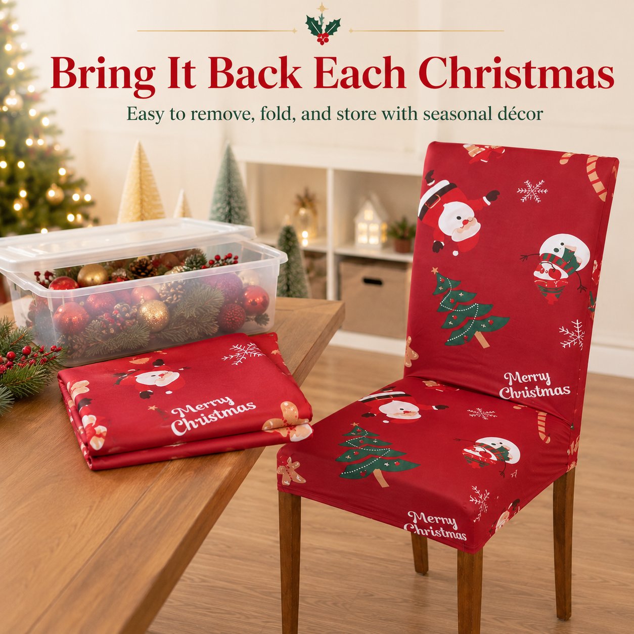 🎅 Christmas Santa Chair Covers – Stretch Dining Chair Slipcovers with Festive Holiday Designs