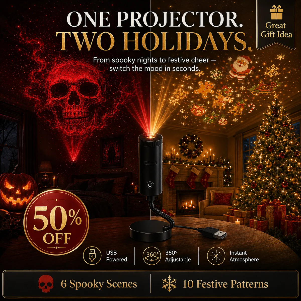 🎄 HD Christmas Projector – 6 or 10 Festive Scenes, Plug & Play