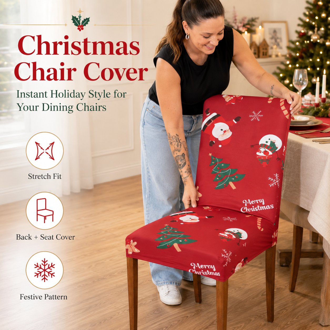 🎅 Christmas Santa Chair Covers – Stretch Dining Chair Slipcovers with Festive Holiday Designs