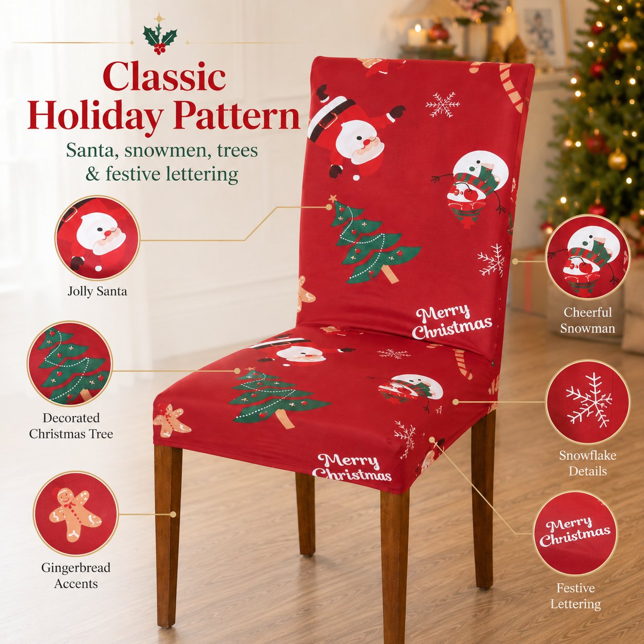 🎅 Christmas Santa Chair Covers – Stretch Dining Chair Slipcovers with Festive Holiday Designs