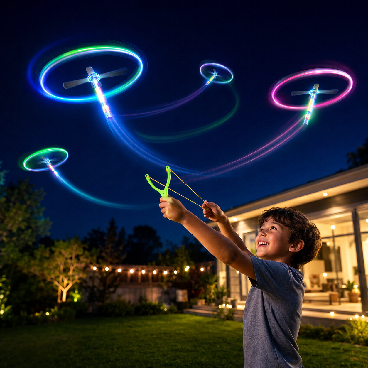 🚀 LED Flying Copter Slingshot Toy – Light-Up Spinning Launcher for Kids & Family Fun