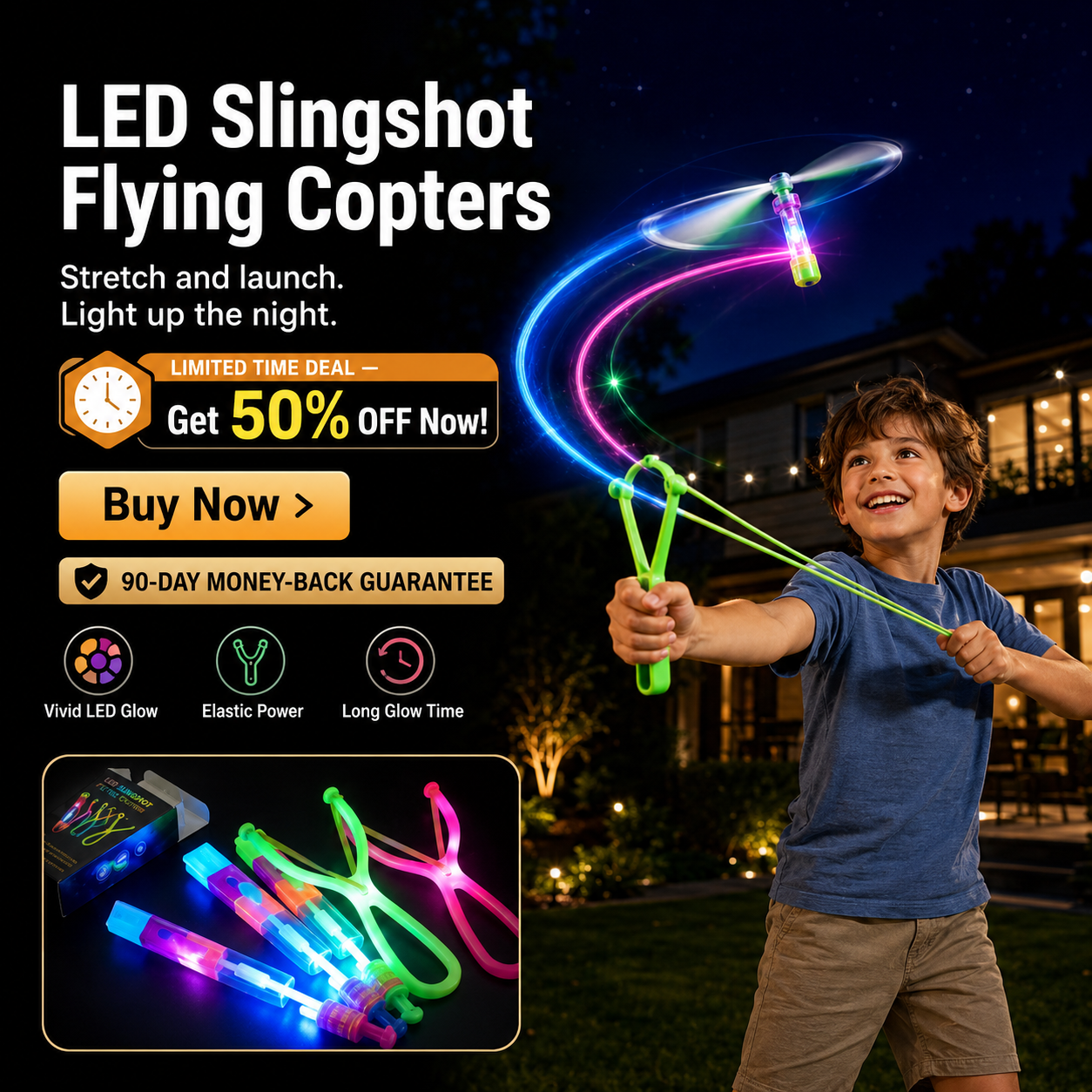 🚀 LED Flying Copter Slingshot Toy – Light-Up Spinning Launcher for Kids & Family Fun
