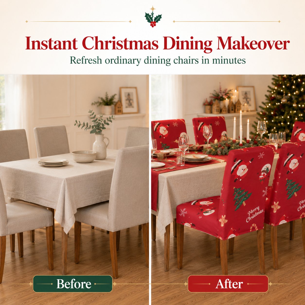 🎅 Christmas Santa Chair Covers – Stretch Dining Chair Slipcovers with Festive Holiday Designs