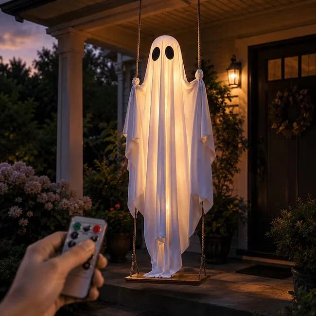 🍁👻 LED Light-Up Swinging Ghost with Maple Leaves – Halloween Hanging Decoration
