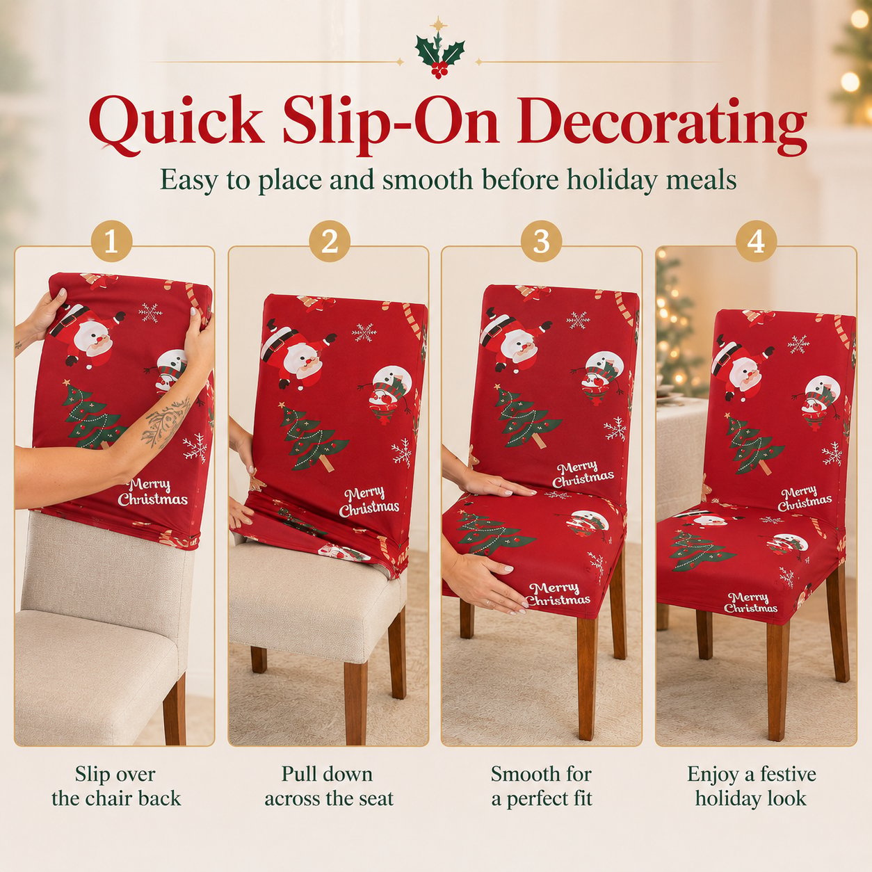 🎅 Christmas Santa Chair Covers – Stretch Dining Chair Slipcovers with Festive Holiday Designs