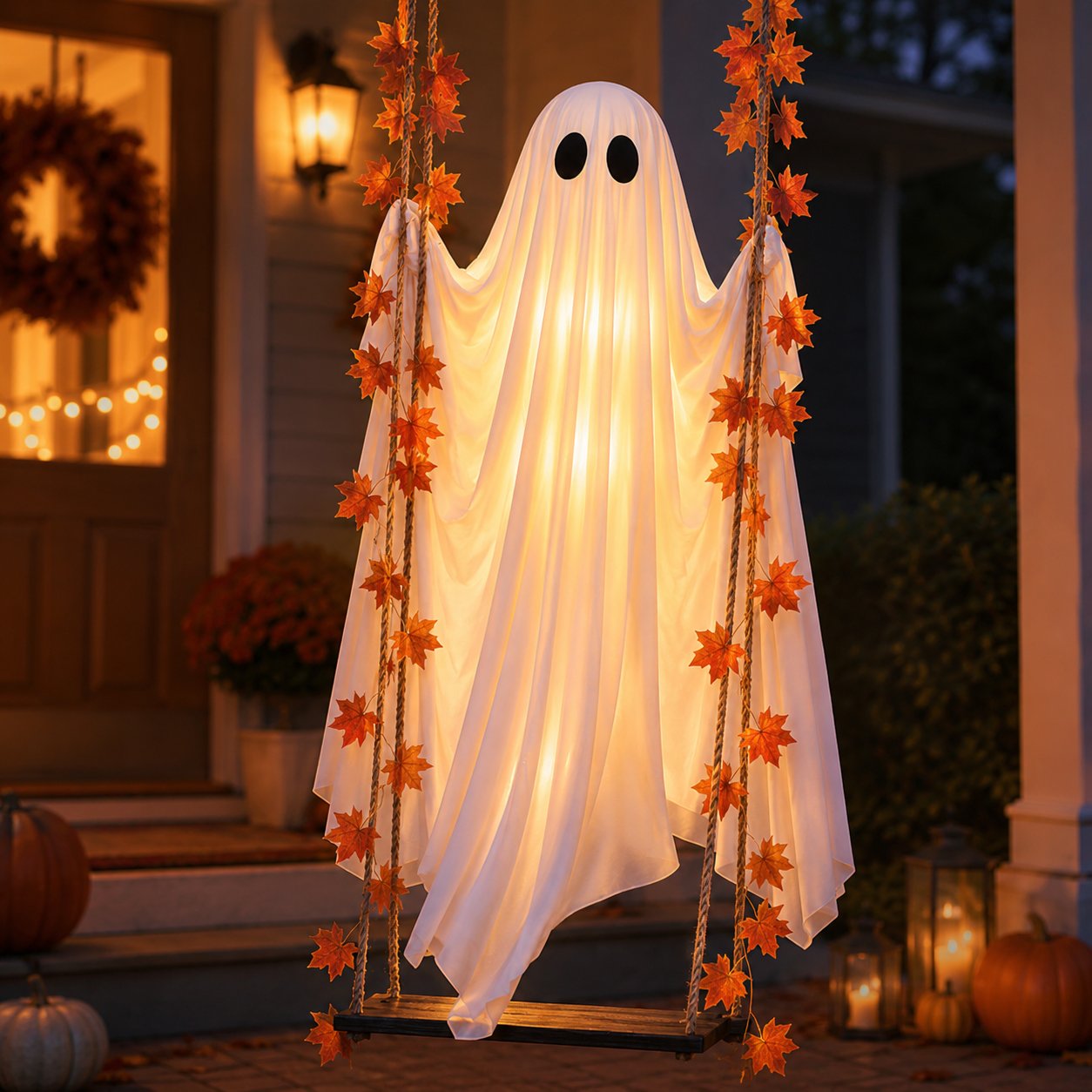 🍁👻 LED Light-Up Swinging Ghost with Maple Leaves – Halloween Hanging Decoration