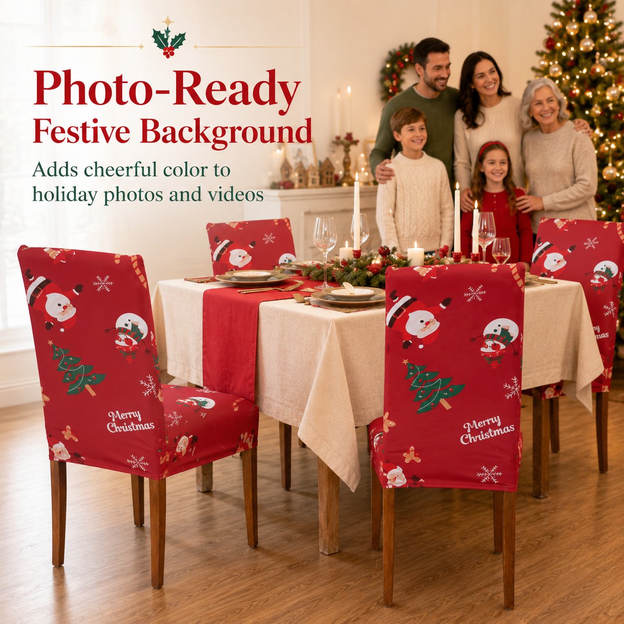 🎅 Christmas Santa Chair Covers – Stretch Dining Chair Slipcovers with Festive Holiday Designs