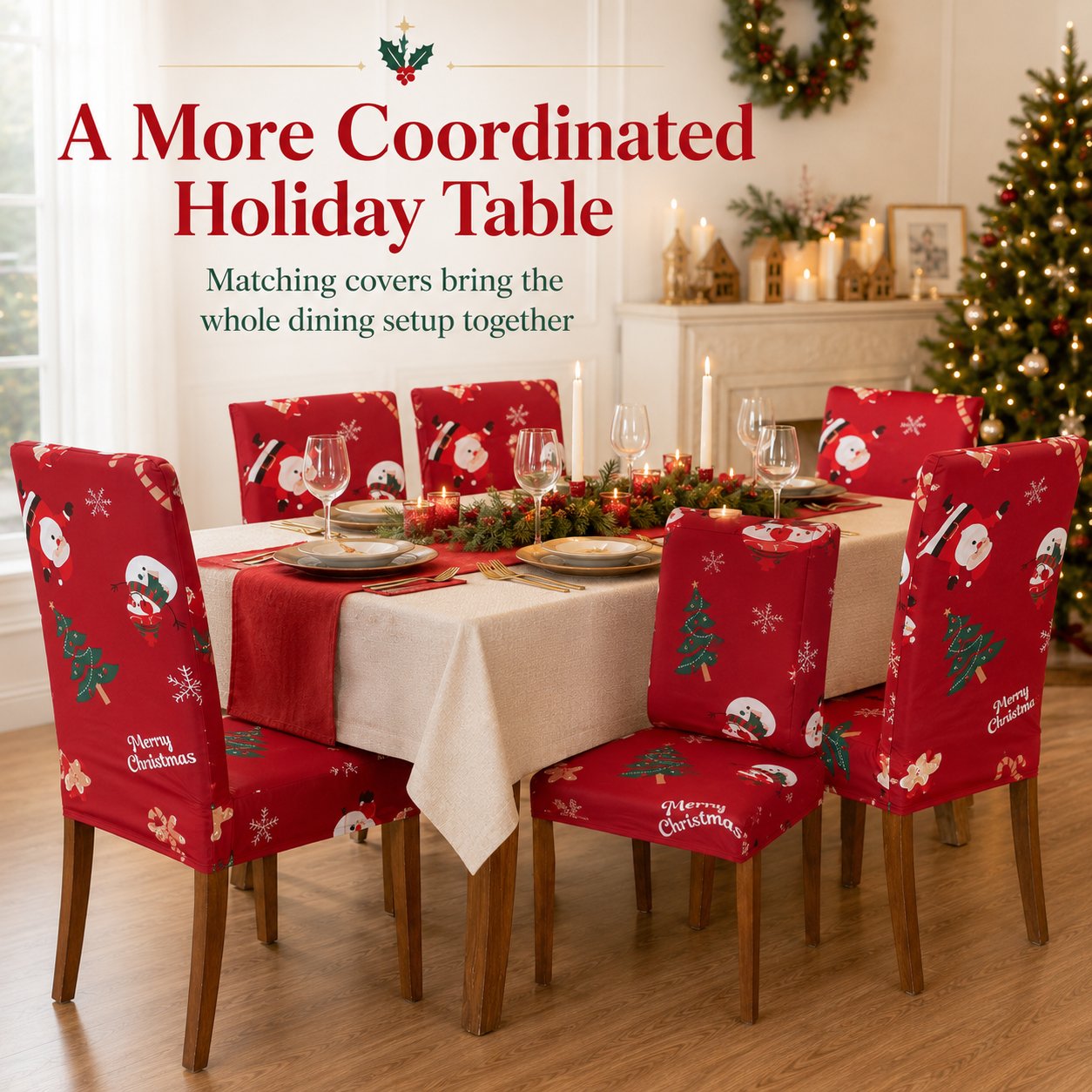 🎅 Christmas Santa Chair Covers – Stretch Dining Chair Slipcovers with Festive Holiday Designs