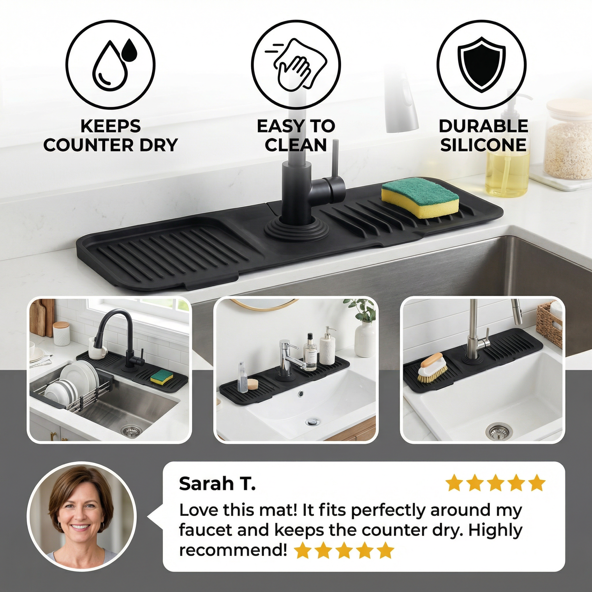 🧼 Silicone Sink Splash Guard & Faucet Mat | Waterproof Kitchen Counter Protector & Water Splash Catcher