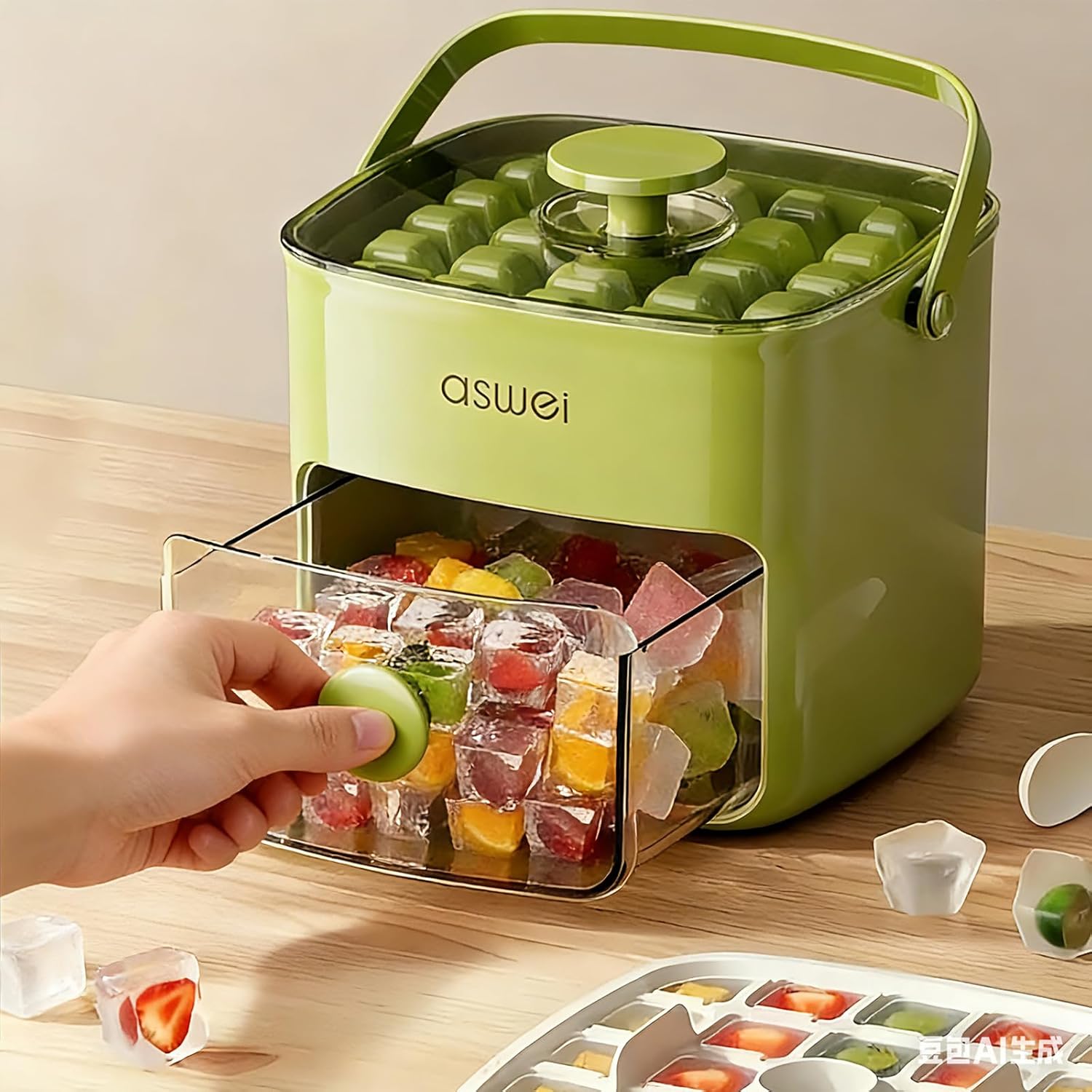 Compact Ice Cube Tray with Lid and Bin, Mini Press-Type Ice Cube Maker for Freezer, Space-Saving Small Ice Bucket with Tongs for RV, Office, Mini Ice Cube Trays & Water Bottles, BPA-Free (Green)