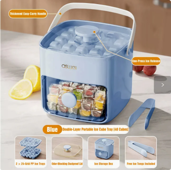 Compact Ice Cube Tray with Lid and Bin, Mini Press-Type Ice Cube Maker for Freezer, Space-Saving Small Ice Bucket with Tongs for RV, Office, Mini Ice Cube Trays & Water Bottles, BPA-Free (Green)