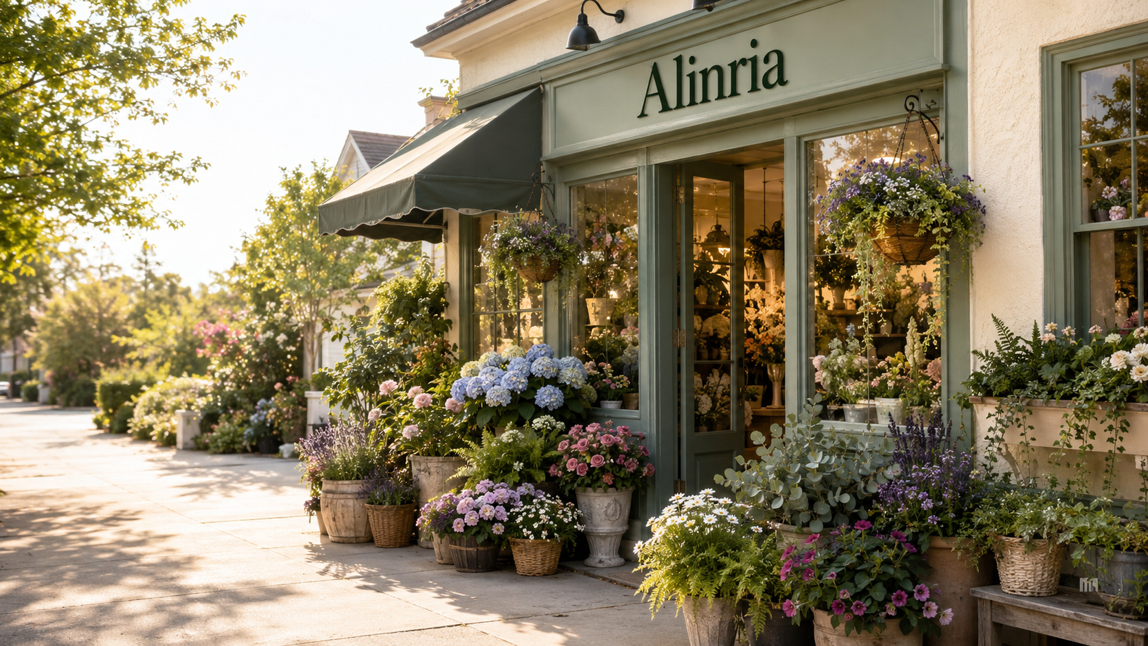 ALINRIA storefront surrounded by flowers