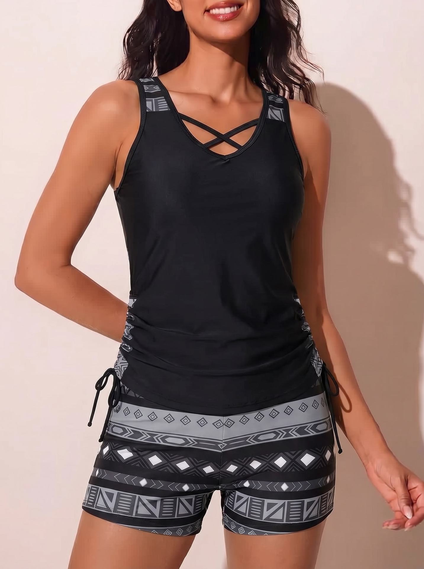 ⏰LAST DAY 60% OFF - Miraclesuit Women's Tummy Control Tankini Set with Built-In Bra – Flattering Boho Swimwear with Shorts
